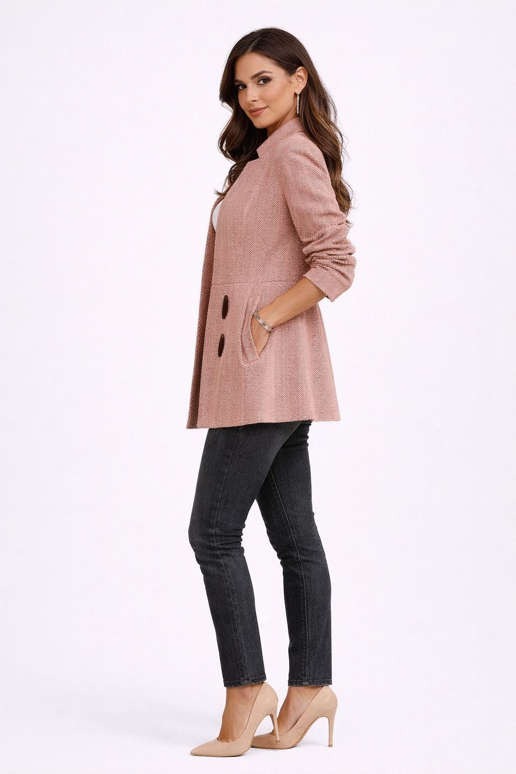 Blazer Largo Mujer Entallado Estructura Espiga Solapas Muescadas