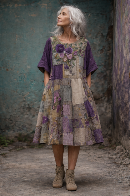 Vestido Mujer Patchwork Diseño Artistico Corte Fluido