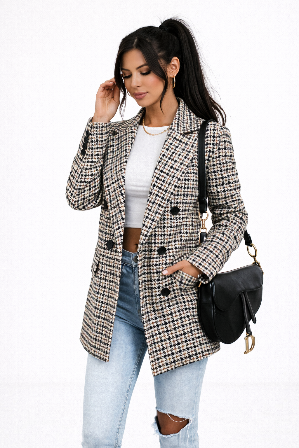 Blazer Mujer Pata de Gallo Entallado Doble Botonadura Solapa Clásica - Mavetta
