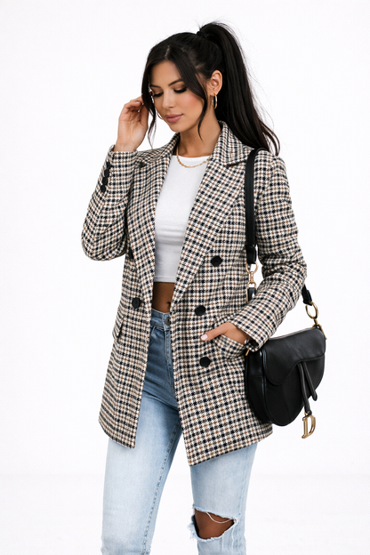 Blazer Mujer Pata de Gallo Entallado Doble Botonadura Solapa Clásica - Mavetta