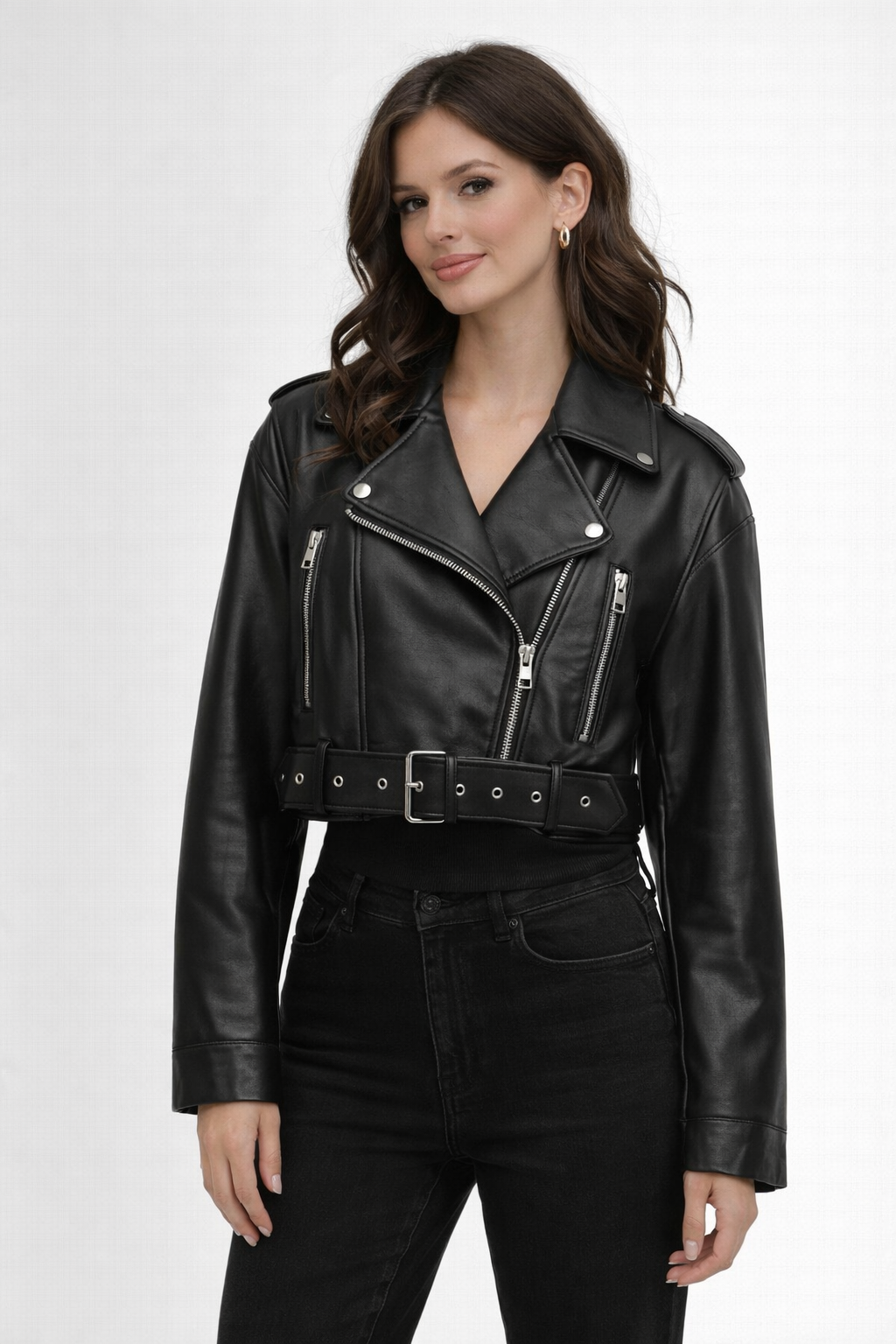 Chaqueta Biker Mujer Efecto Cuero Corta Cremallera Asimétrica - Mavetta
