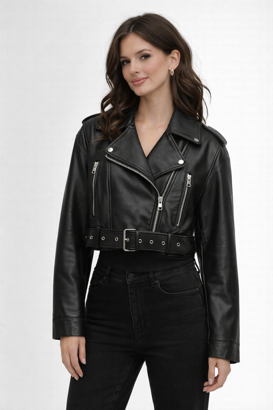 Chaqueta Biker Mujer Efecto Cuero Corta Cremallera Asimétrica - Mavetta