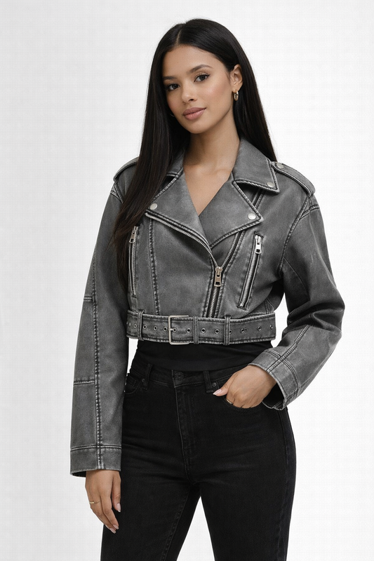 Chaqueta Biker Mujer Efecto Cuero Lavado Cremallera Asimétrica - Mavetta