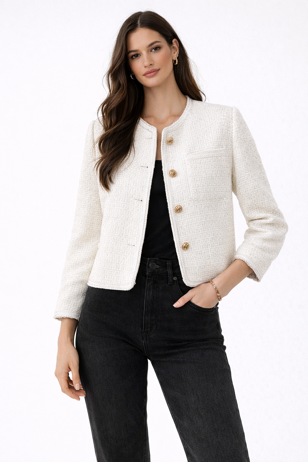 Chaqueta Corta Mujer de Tweed con Botones Cuello Redondo - Mavetta