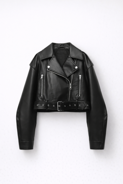 Chaqueta Biker Mujer Efecto Cuero Corta Cremallera Asimétrica