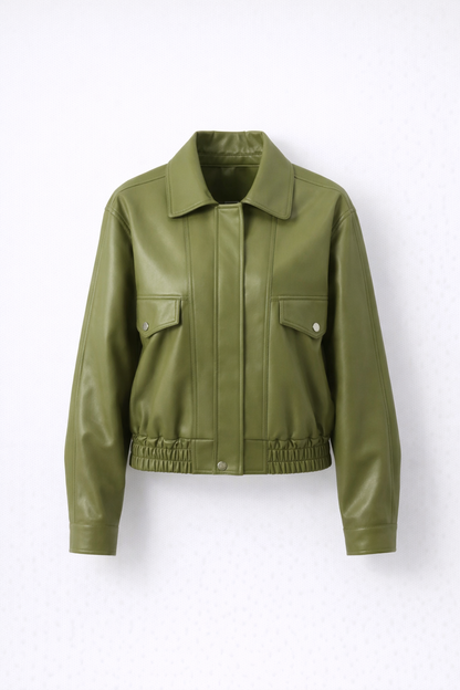 Chaqueta Corta Mujer Efecto Cuero Cuello Solapa Cremallera