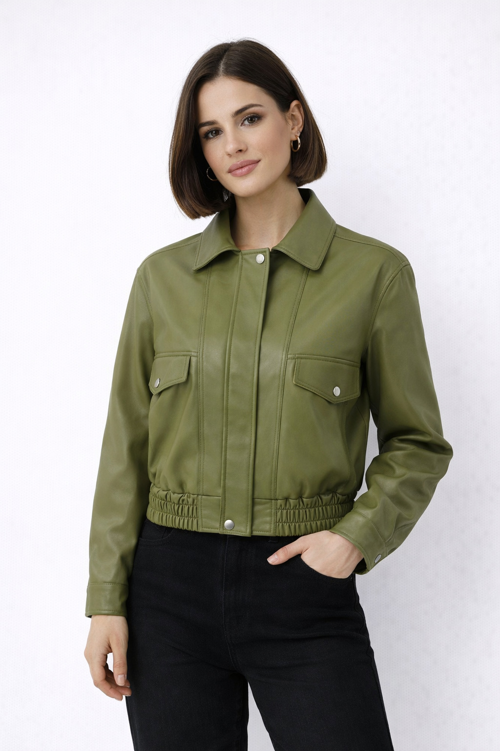 Chaqueta Corta Mujer Efecto Cuero Cuello Solapa Cremallera - Mavetta