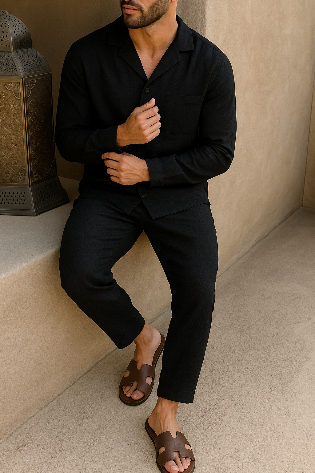 Conjunto hombre camisa abierta y pantalones rectos transpirable