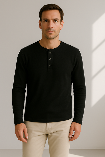 Camiseta Henley Hombre Manga Larga Algodón Ajustada - Mavetta