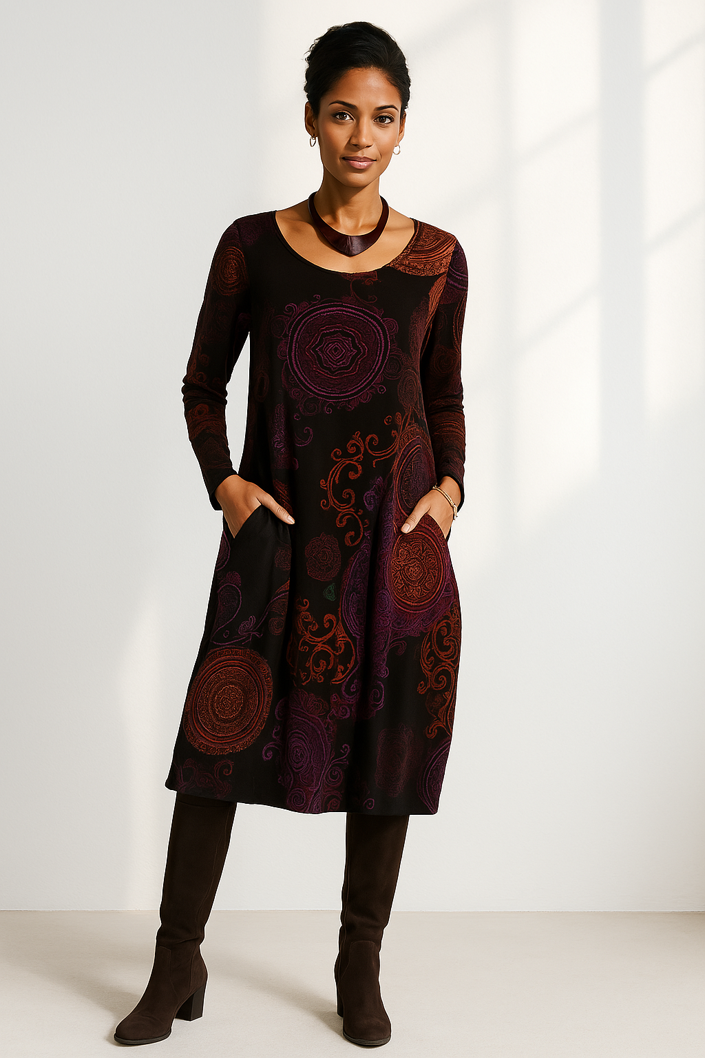 Vestido midi mujer manga larga estilo bohemio estampado - Mavetta