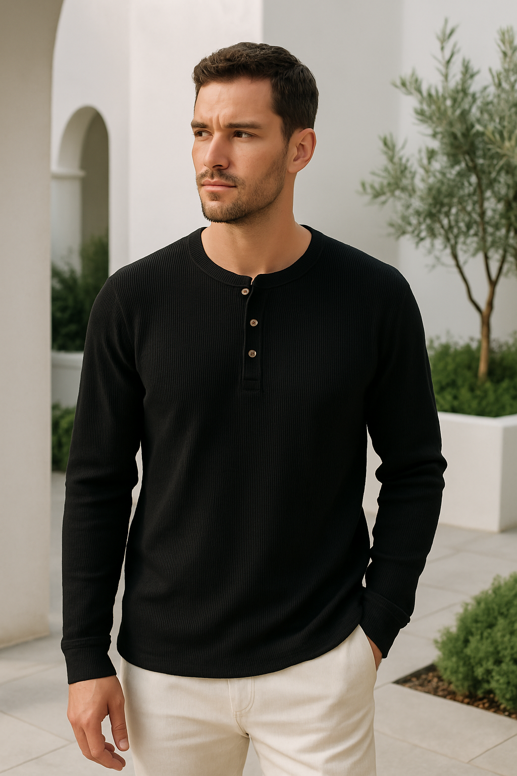 Camiseta Henley Hombre Manga Larga Algodón Ajustada