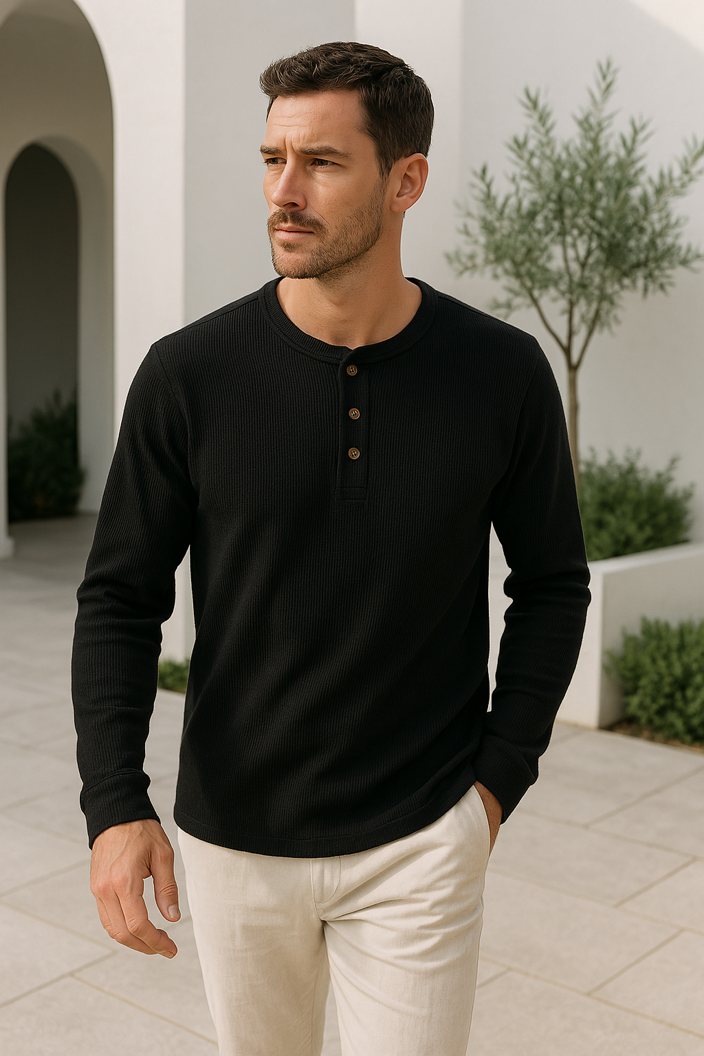 Camiseta Henley Hombre Manga Larga Algodón Ajustada