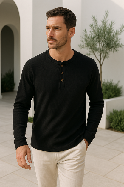 Camiseta Henley Hombre Manga Larga Algodón Ajustada