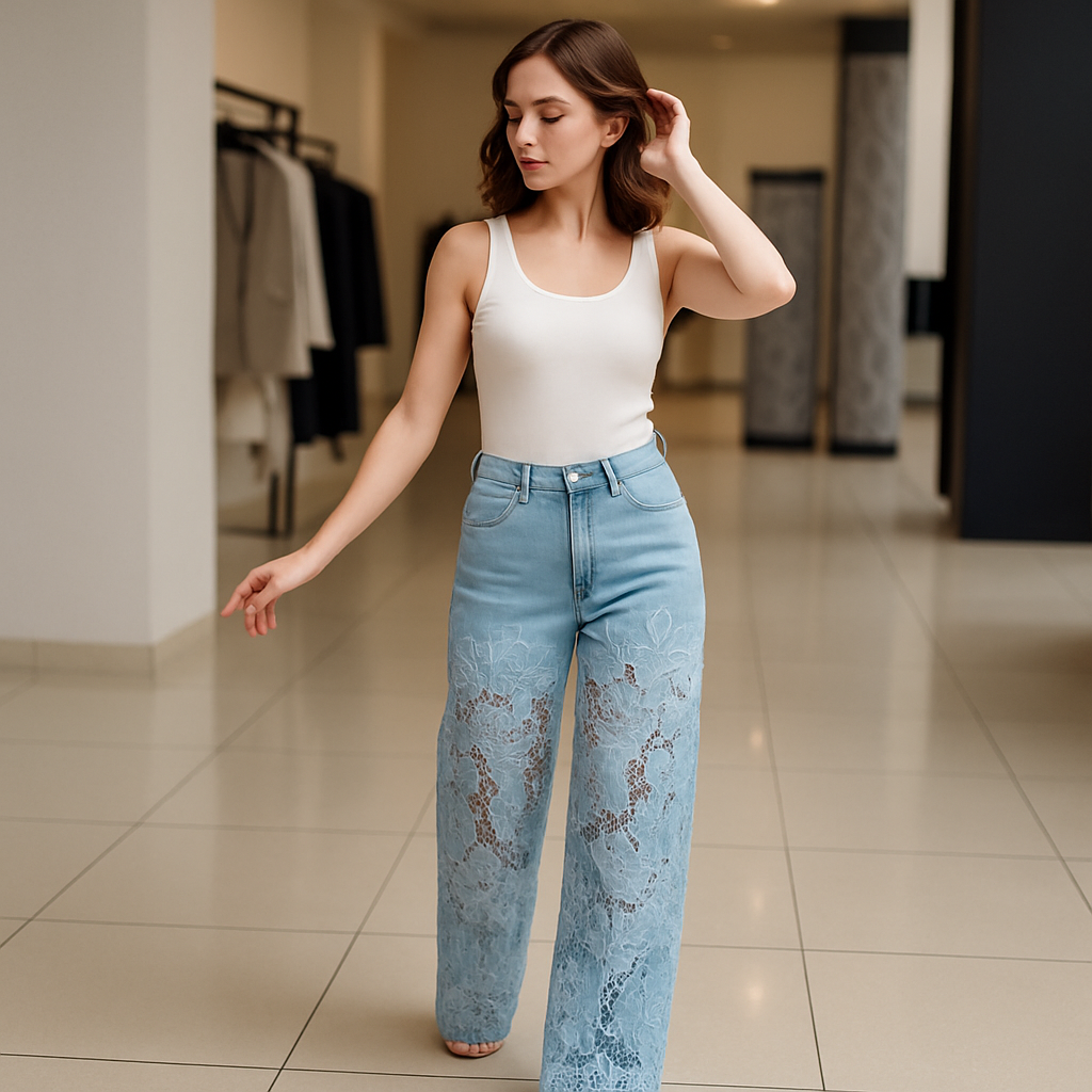 Jeans rectos mujer con paneles transparentes y motivo floral
