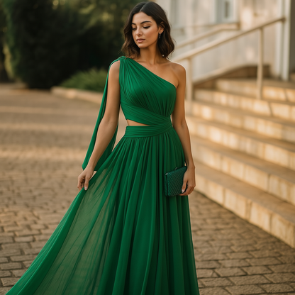 Vestido maxi mujer plisado hombro asimétrico