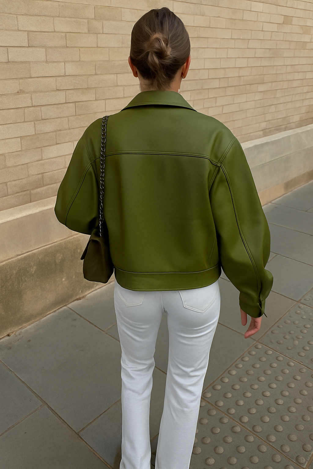 Chaqueta Corta Mujer Efecto Cuero Cuello Solapa Cremallera