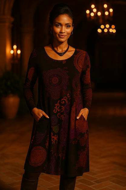 Vestido midi mujer manga larga estilo bohemio estampado