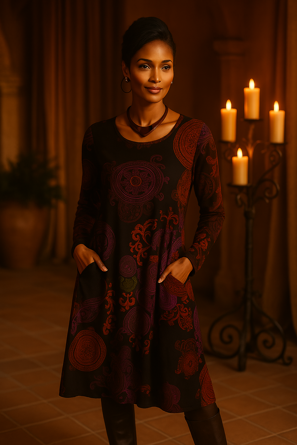 Vestido midi mujer manga larga estilo bohemio estampado