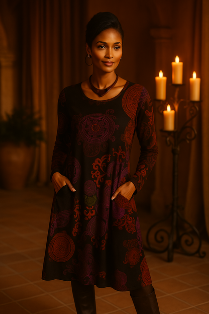 Vestido midi mujer manga larga estilo bohemio estampado