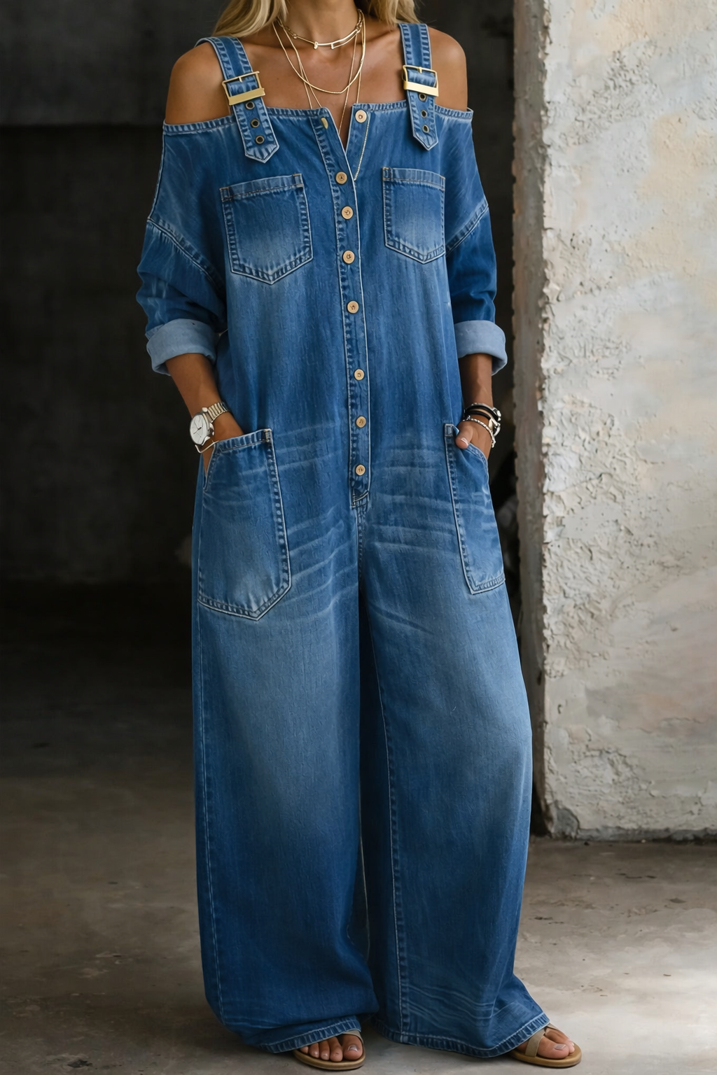 Mono Mujer Vaquero Hombros Descubiertos Ajuste Slim - Mavetta