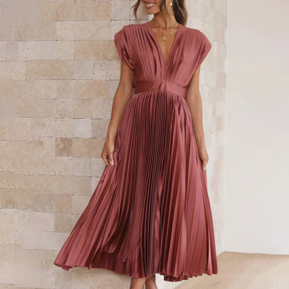 Vestido Mujer Plisado Gasa Escote en V Espalda Descubierta