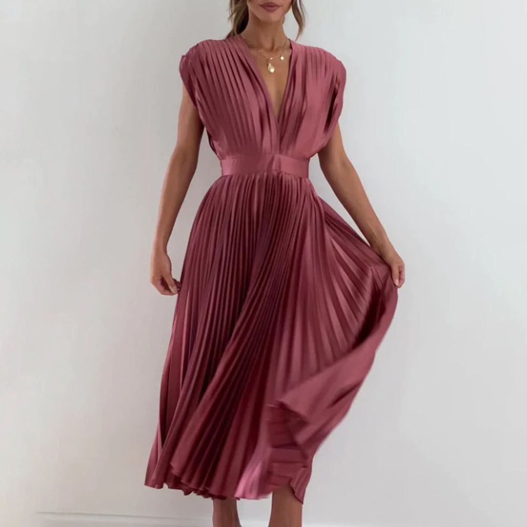 Vestido Mujer Plisado Gasa Escote en V Espalda Descubierta