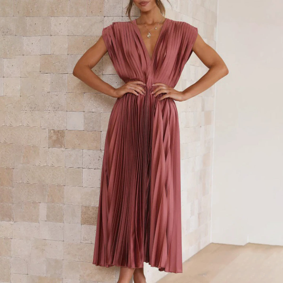 Vestido Mujer Plisado Gasa Escote en V Espalda Descubierta