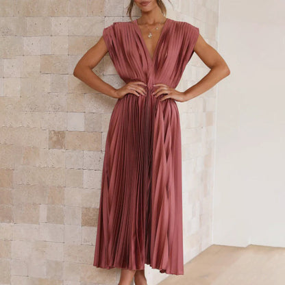 Vestido Mujer Plisado Gasa Escote en V Espalda Descubierta