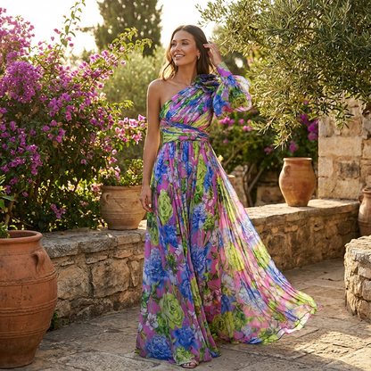 Vestido Maxi Mujer de Gasa Floral Un Hombro