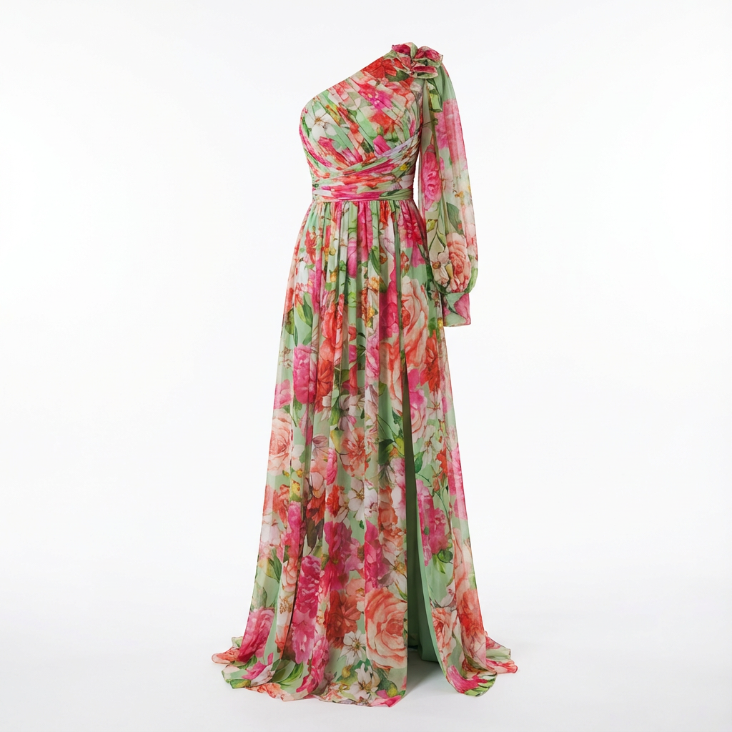 Vestido Maxi Mujer de Gasa Floral Un Hombro