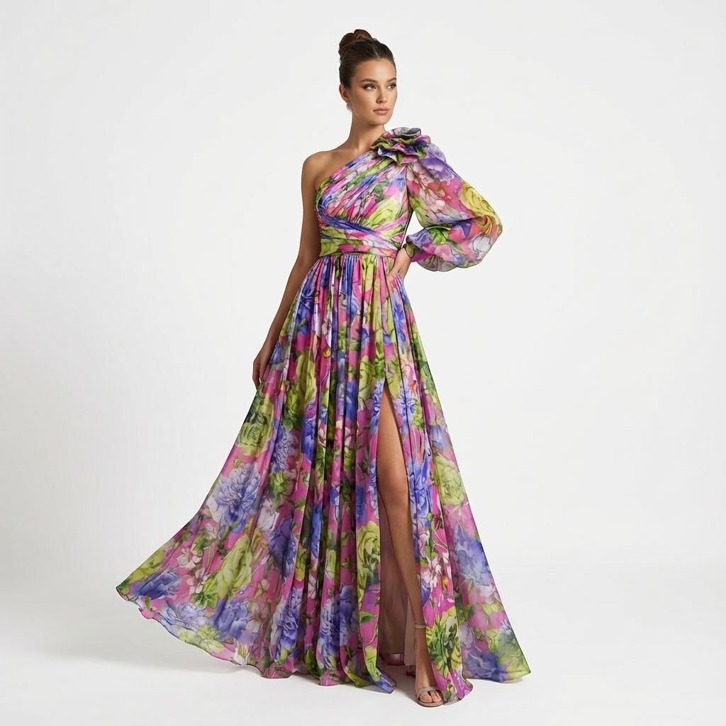 Vestido Maxi Mujer de Gasa Floral Un Hombro - Mavetta