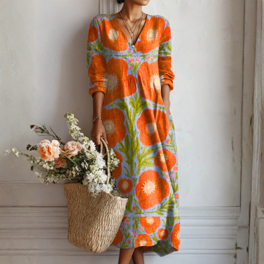 Vestido Midi Mujer de Lino Estilo Retro Ajuste Holgado - Mavetta