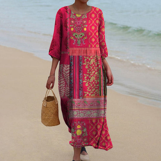 Vestido Largo Mujer Estilo Bohemio Manga Tres Cuartos - Mavetta