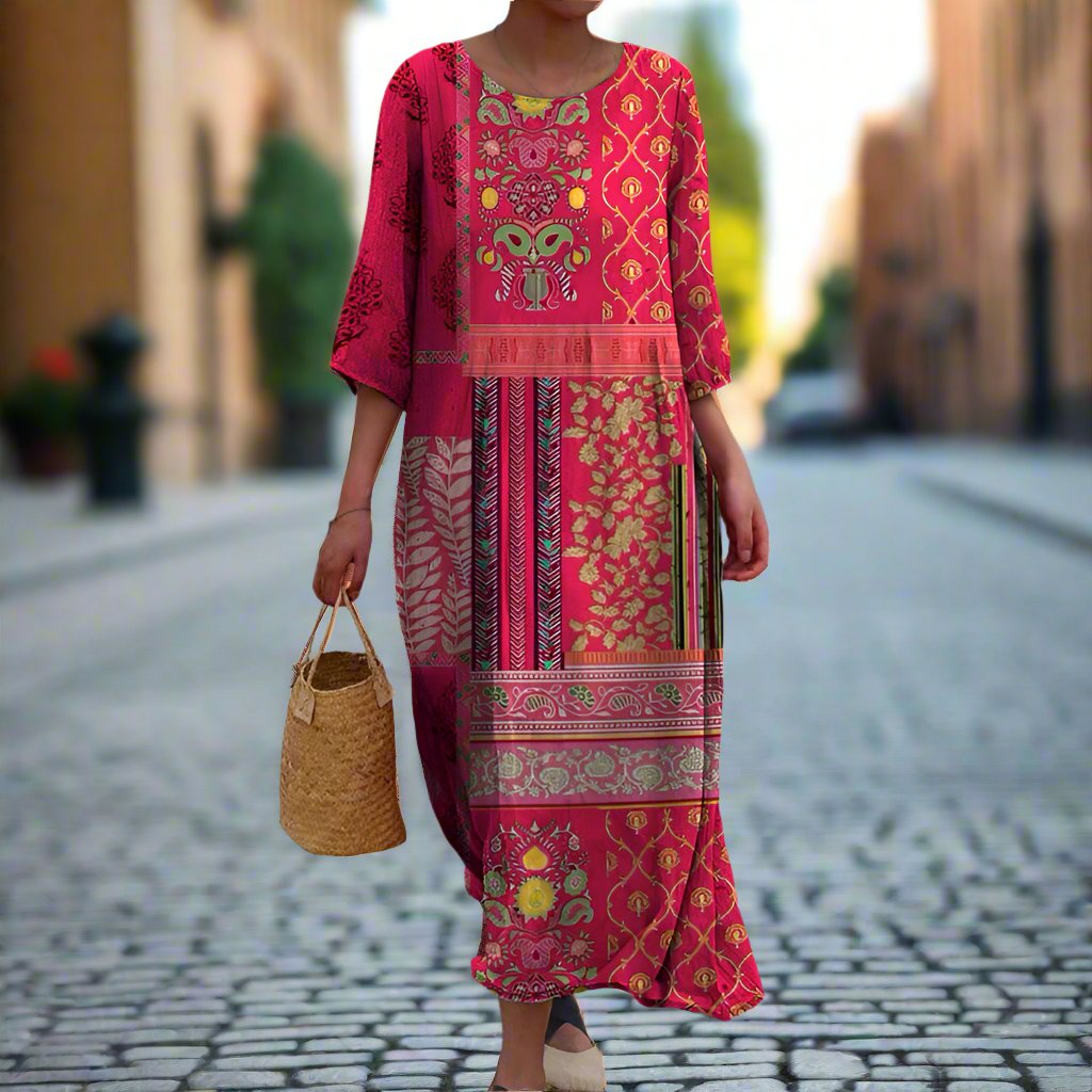 Vestido Largo Mujer Estilo Bohemio Manga Tres Cuartos