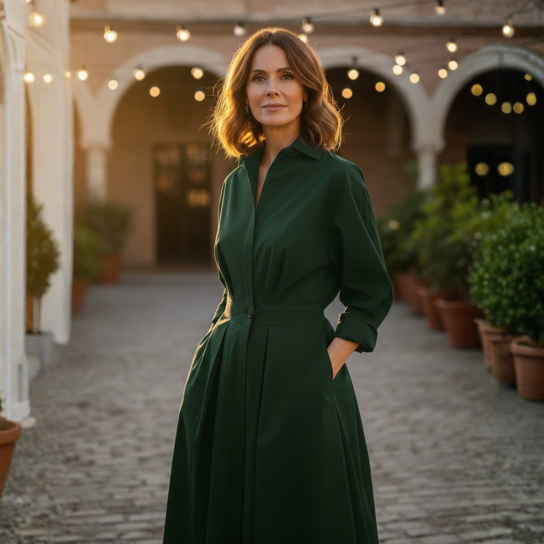 Vestido Camisero Mujer Cintura Marcada Falda Amplia Midi