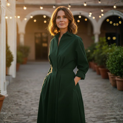 Vestido Camisero Mujer Cintura Marcada Falda Amplia Midi