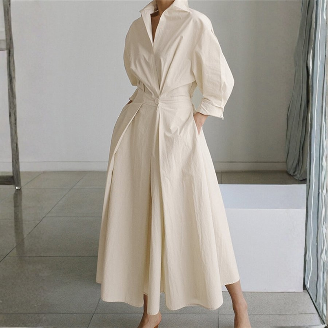 Vestido Camisero Mujer Cintura Marcada Falda Amplia Midi