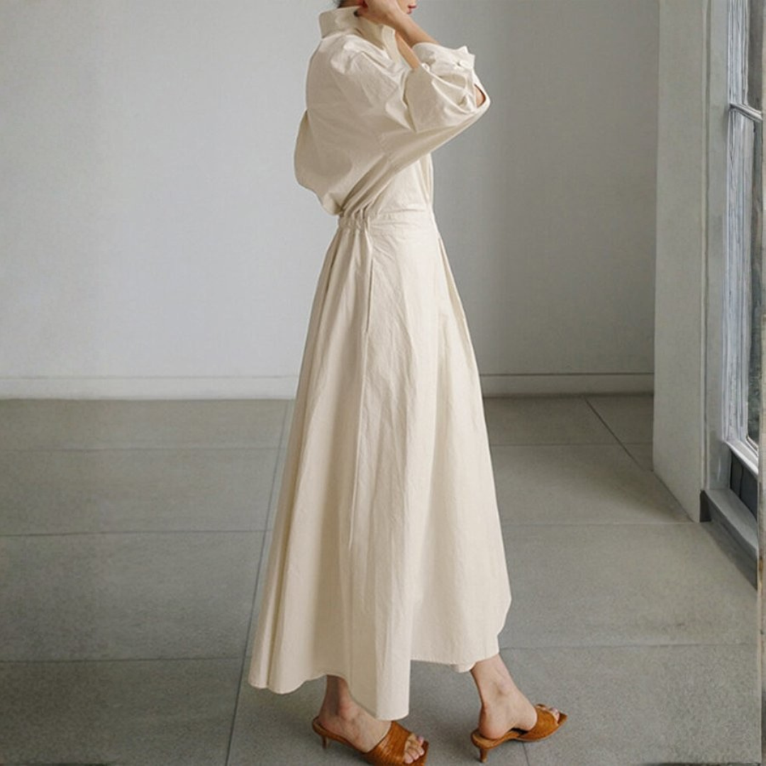 Vestido Camisero Mujer Cintura Marcada Falda Amplia Midi