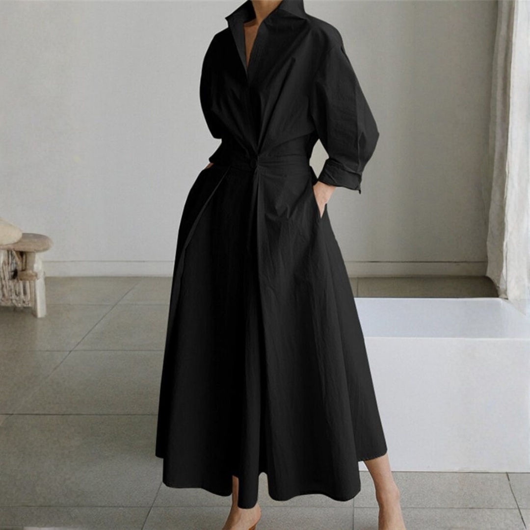 Vestido Camisero Mujer Cintura Marcada Falda Amplia Midi