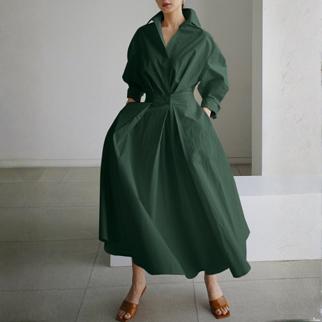 Vestido Camisero Mujer Cintura Marcada Falda Amplia Midi