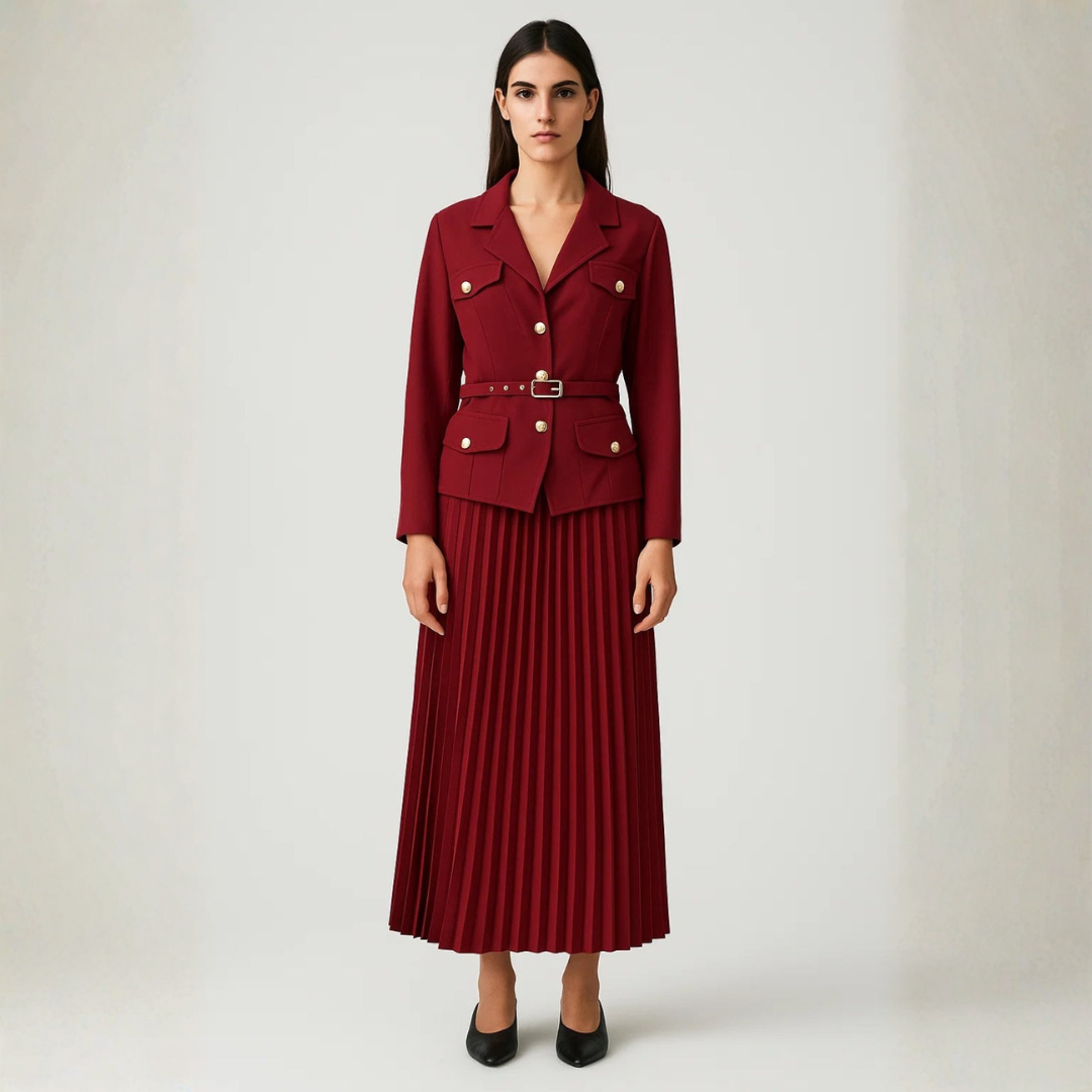Conjunto Mujer Blazer con Cinturón Hebilla y Falda Plisada - Mavetta