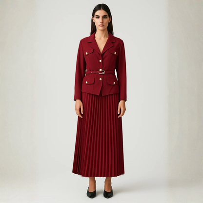 Conjunto Mujer Blazer con Cinturón Hebilla y Falda Plisada - Mavetta