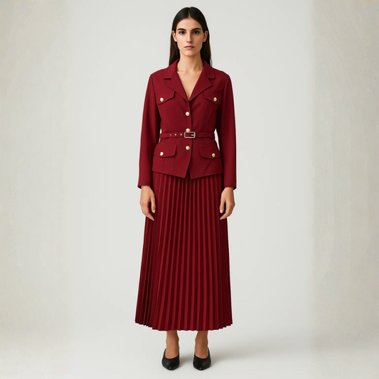Conjunto Mujer Blazer con Cinturón Hebilla y Falda Plisada - Mavetta