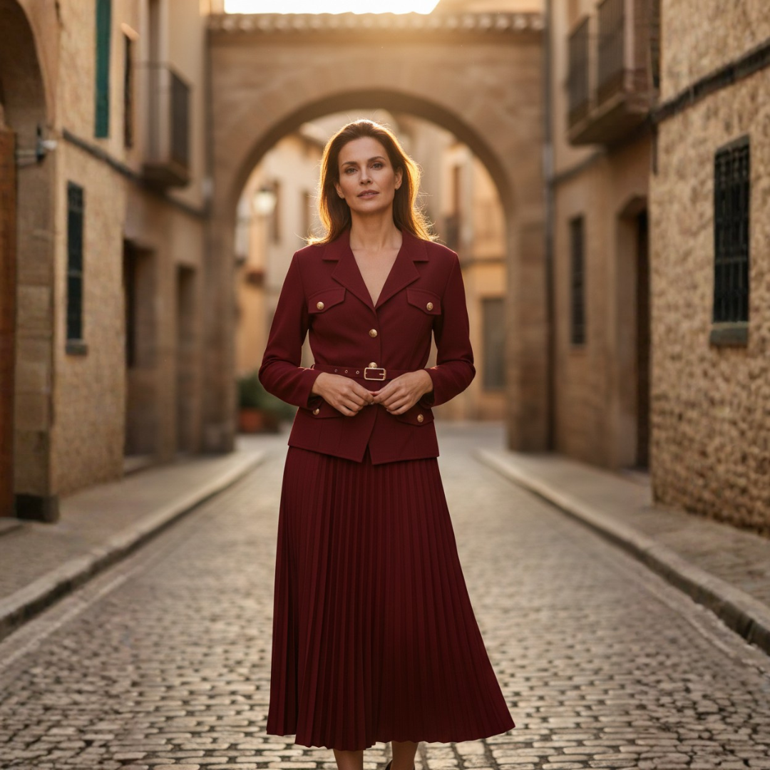 Conjunto Mujer Blazer con Cinturón Hebilla y Falda Plisada