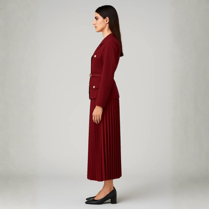 Conjunto Mujer Blazer con Cinturón Hebilla y Falda Plisada