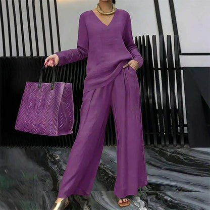 Conjunto Mujer Cuello en V Pantalones Pierna Ancha Comodos