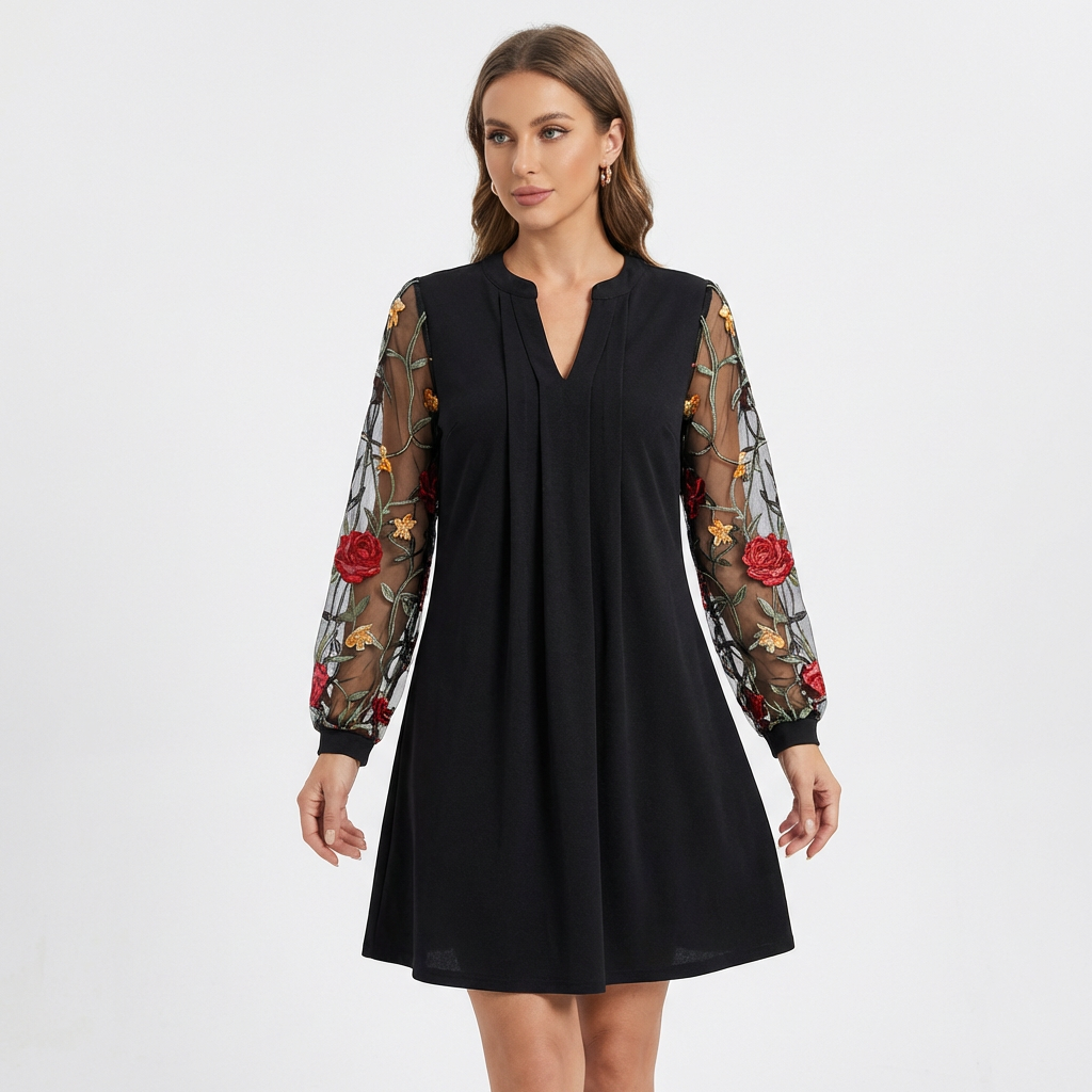 Vestido Mujer Bordado Cuello en V Manga Transparente - Mavetta