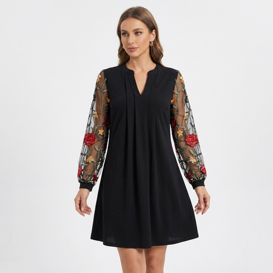 Vestido Mujer Bordado Cuello en V Manga Transparente - Mavetta