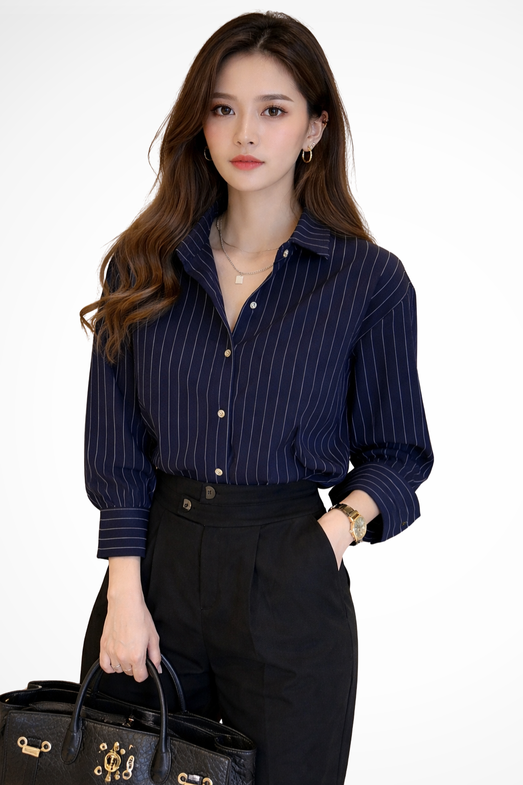 Camisa Mujer de Algodón Manga Larga Cuello de Solapa Botones