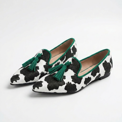 Mocasines Mujer Estampado Borlas Punta Redonda